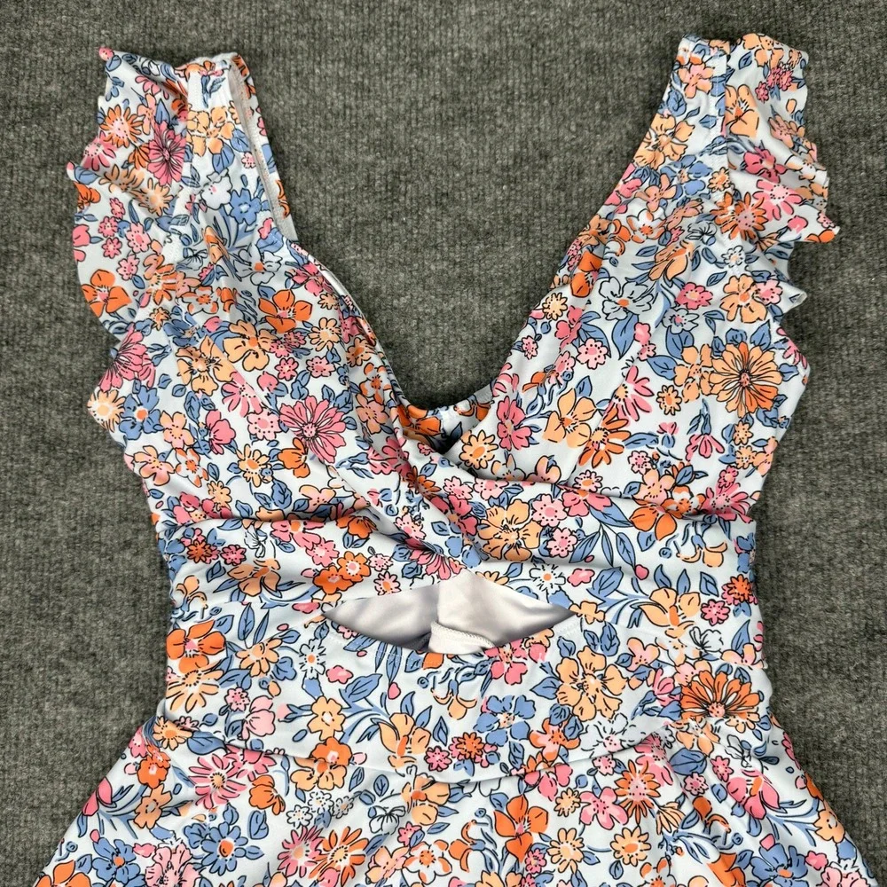 NEW Aleumdr Floral Ruffle Cutout Swim Dress Multi Twist Front Skirt Swimsuit M